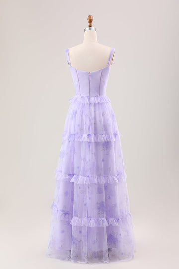 Lavendel En linje Korsett Spaghetti stropper Floral lagdelt Long brudepike kjole